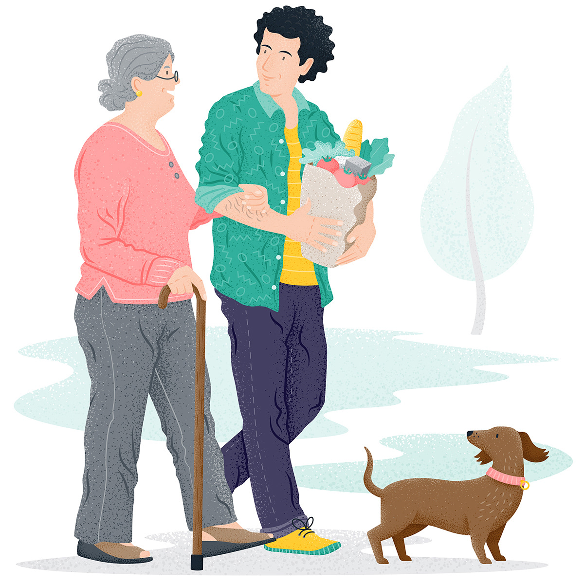 Illustration about a young man who helps a older woman to do the courses by Adrian Bauer