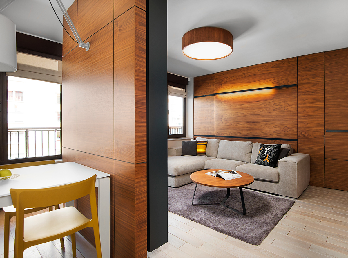interior design  sofia small apartment Wallnut veneer white floor Fimera minimalism design detail Custom furniture modular