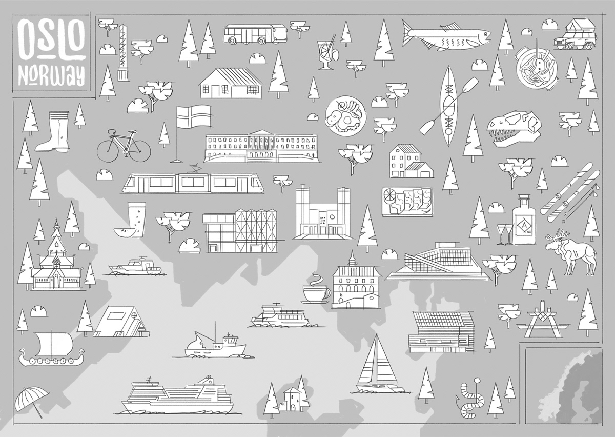Concept and layout sketch for map illustration of Oslo by Adrian Bauer