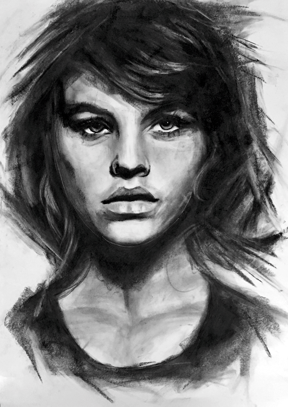 woman model portrait charcoal sketching