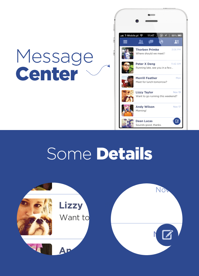 flat concept clean fb mobile iphone app application UI design blue icons