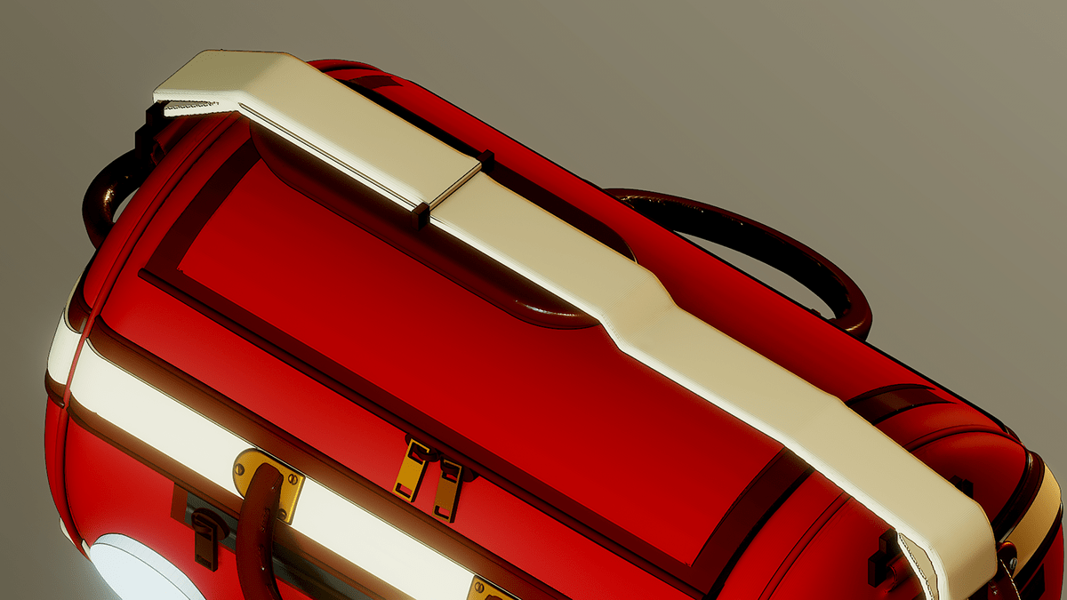 A grainy image of a 3d designer bag concept render in red. The Burrough bag, by Darius Frank