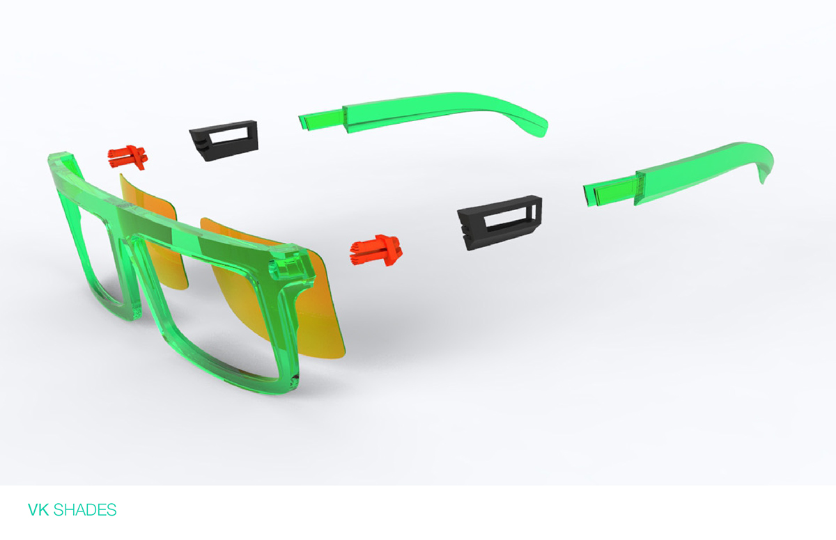 Sunwear  sunglasses  modular  plastic  interchangeable  marketing  Merchandising  VK shades