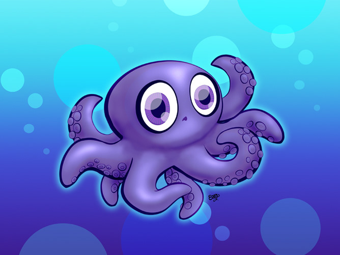 Cute, Funny Cartoon Art of an Octopus in the Ocean by Ellie.