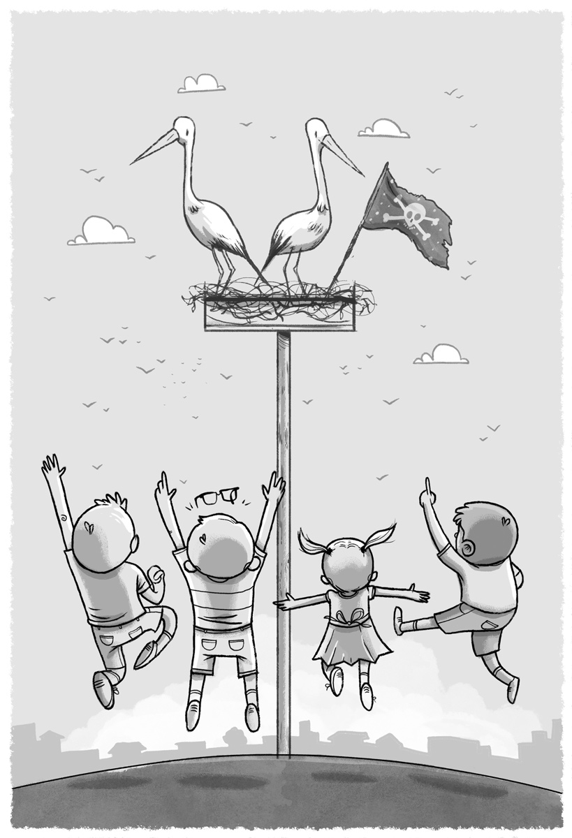 childrens book editorial black and white kids stork
