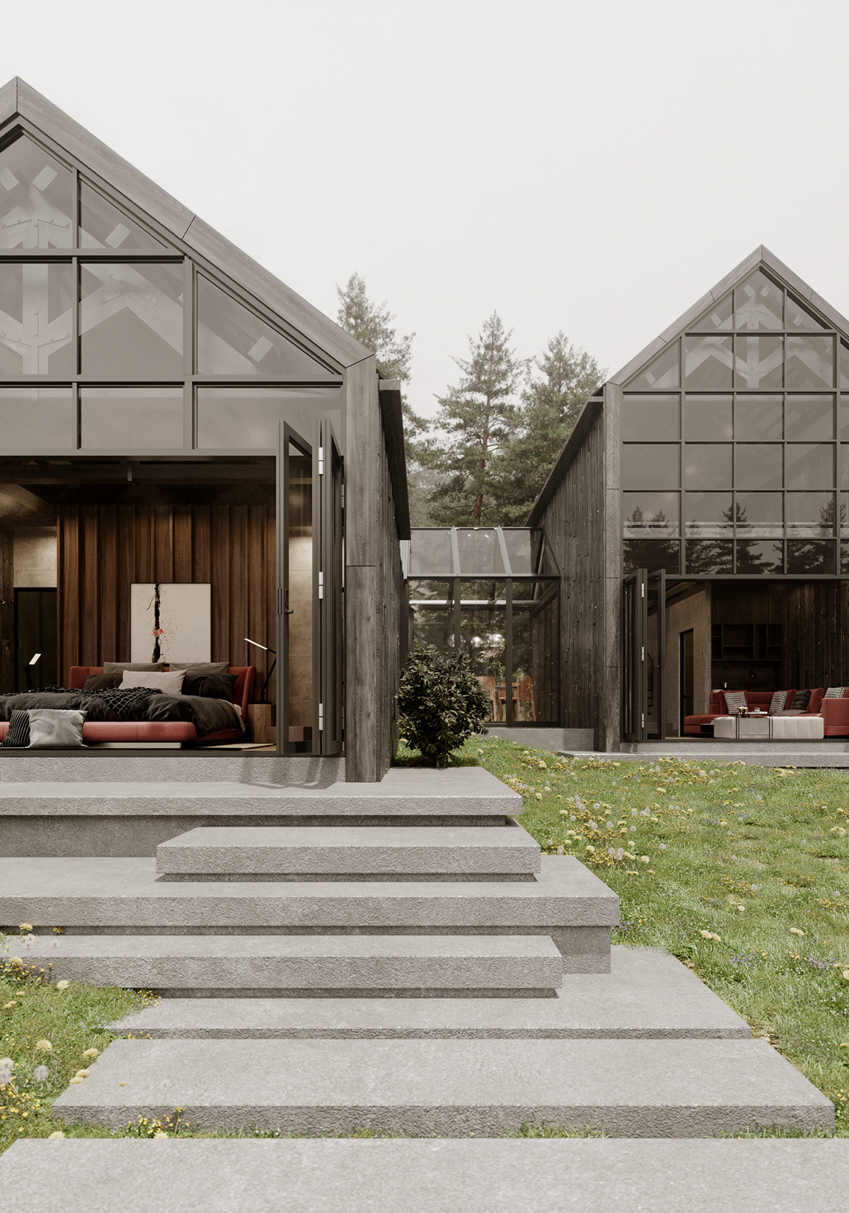 lake house cabin exterior architecture Interior visualization modern 3D corona