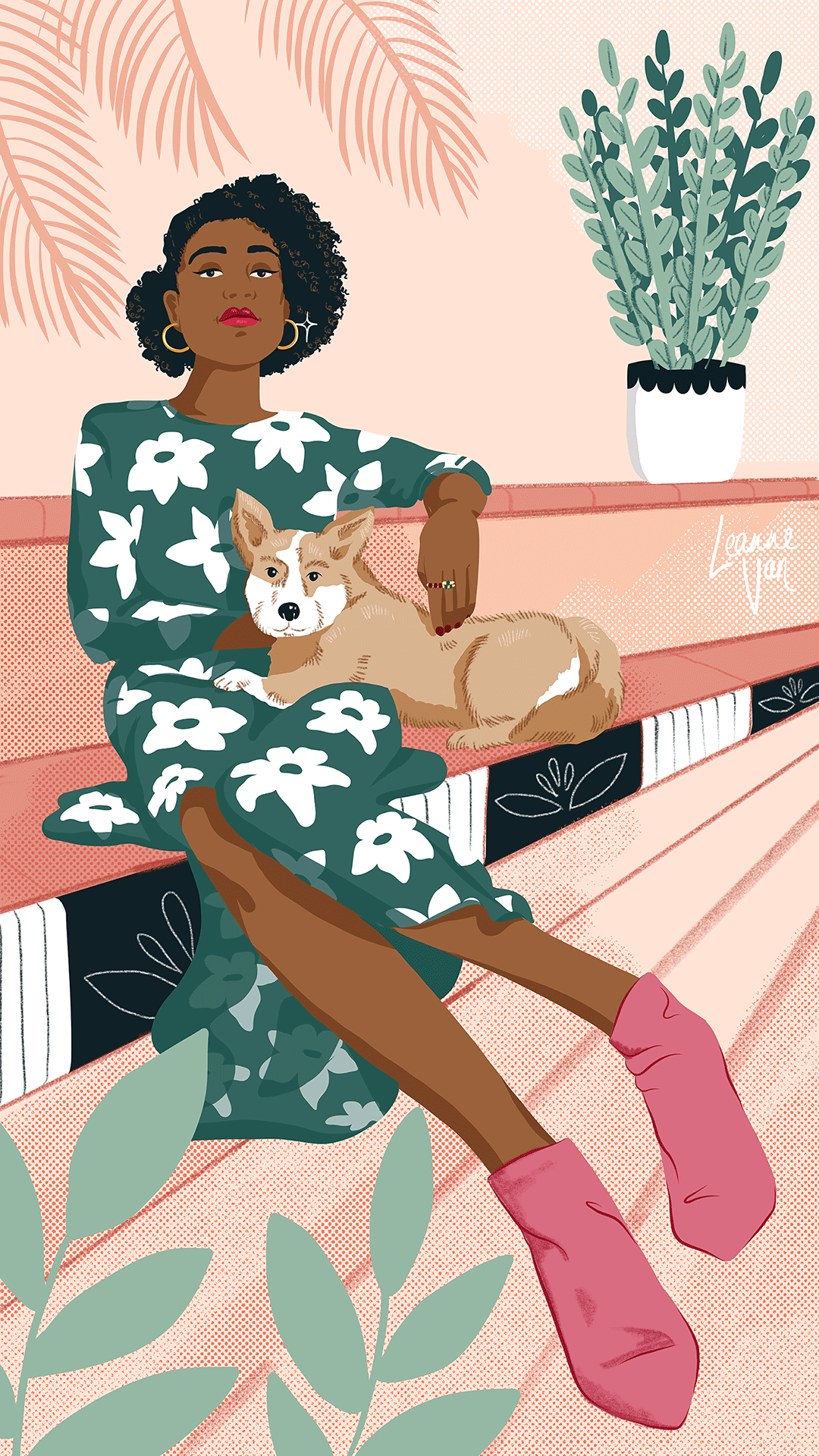 Illustration of a woman sitting on a patio with her pet dog, enjoy the summer breeze.
