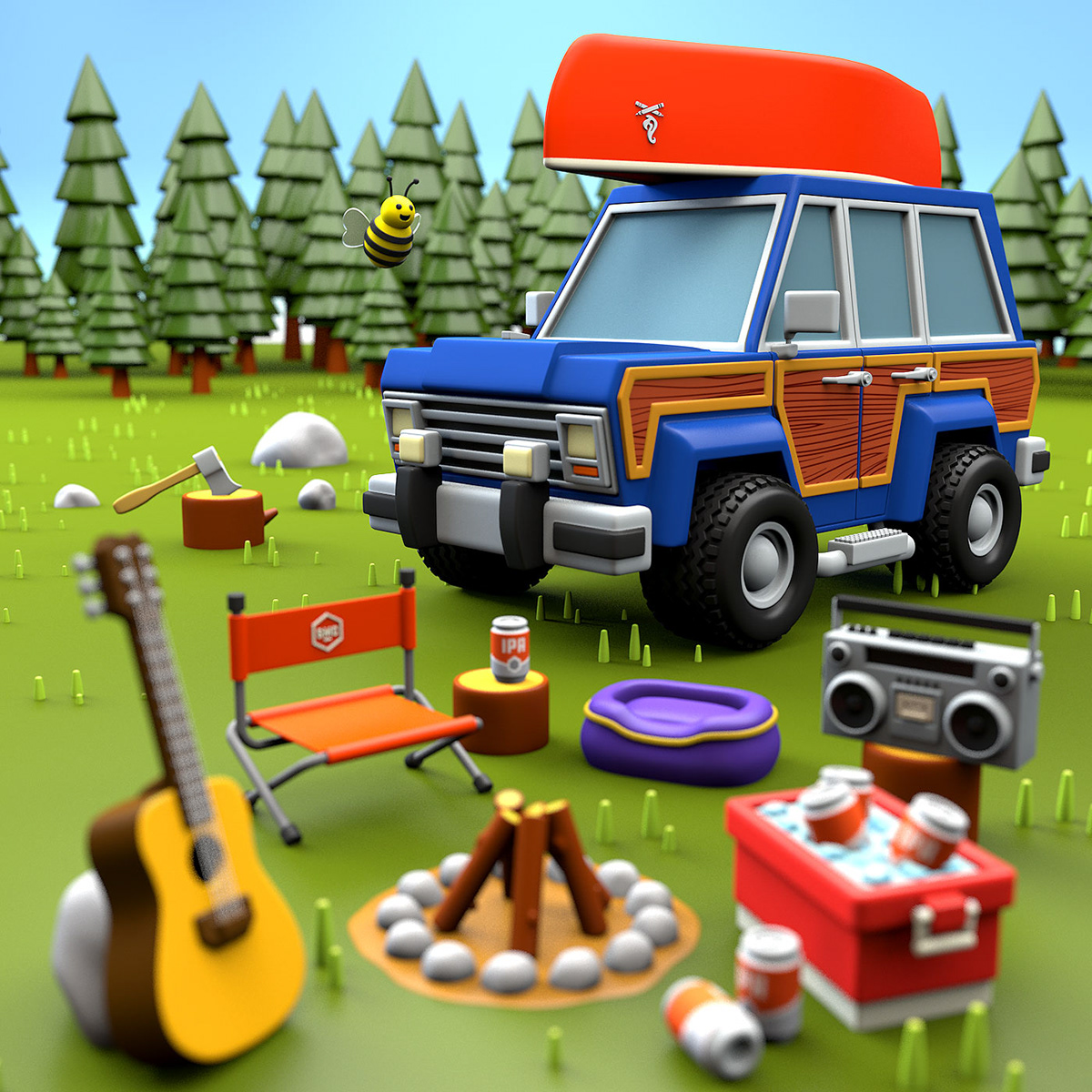 3D bee boombox camping campsite guitar ILLUSTRATION  jeep Low ploy