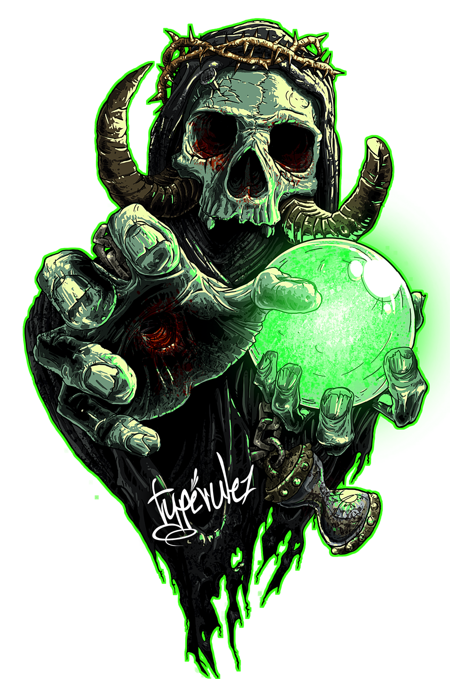 grabbing skull death typerulez green colors dark fear t-shirt logo cover stamp artistic christ zombie