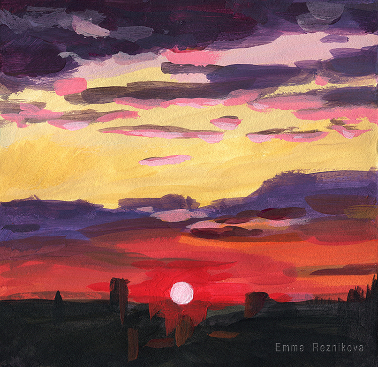 acrylic clouds Landscape red sketch SKY Sun sunset