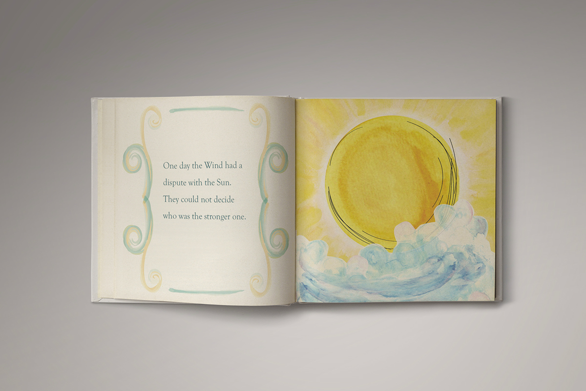 watercolor book hardbound children's book fable sun & wind type Aesop