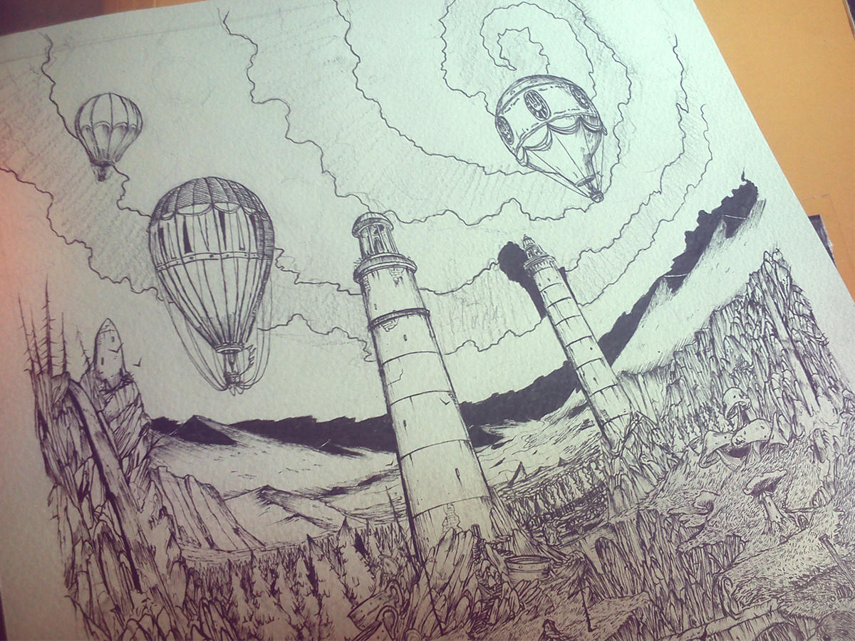 ink Fineliners detail fantasy imagination story birds lighthouse balloon childrens dark irish pen