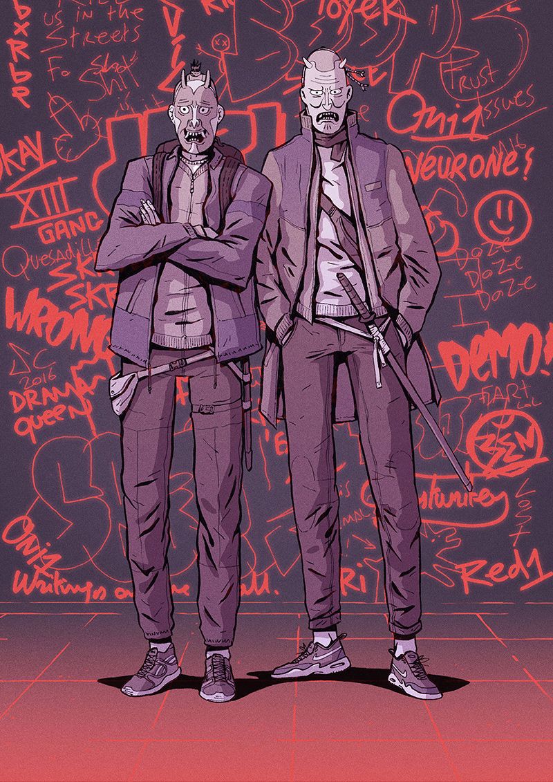 demon oni neon tag Graffiti wall red duo gang mask