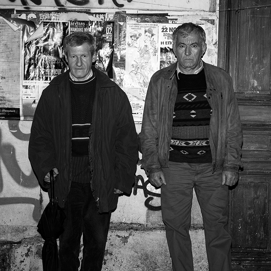 portraits black & white square social athens Greece people night