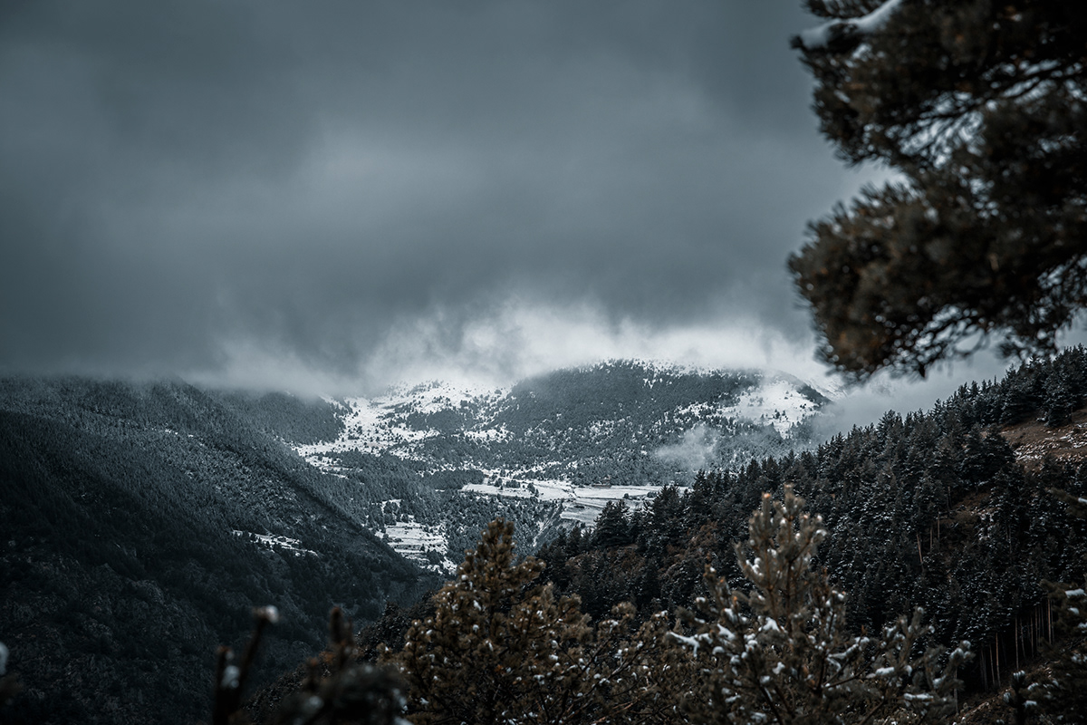 andorra autumn cloud cloudy forest lake Landscape snow trees winter
