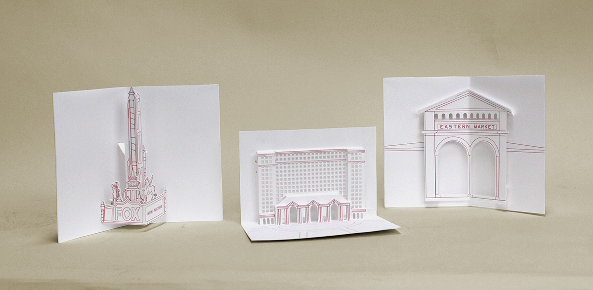 pop-up detroit card Fox Theater Eastern Market Michigan Train Station Paper Engineer cut out