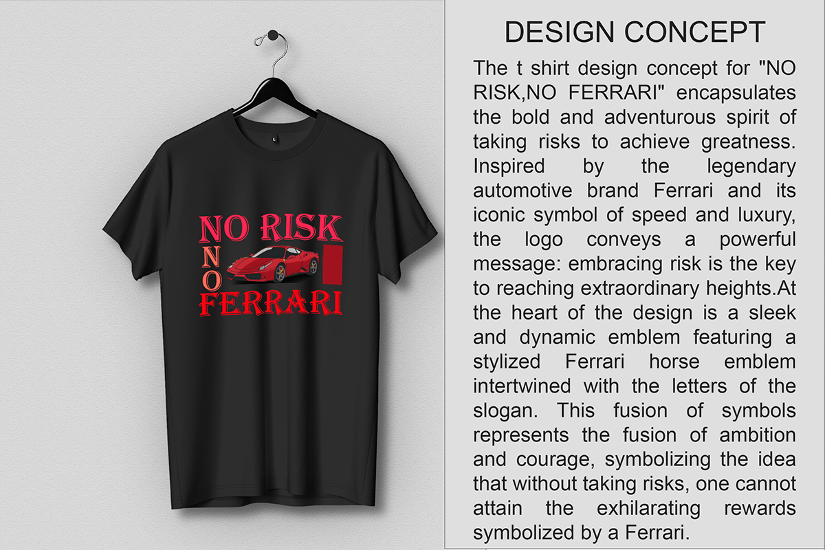 hanged t shirt design with typography and illustration with slogan NO RISK NO FERRARI