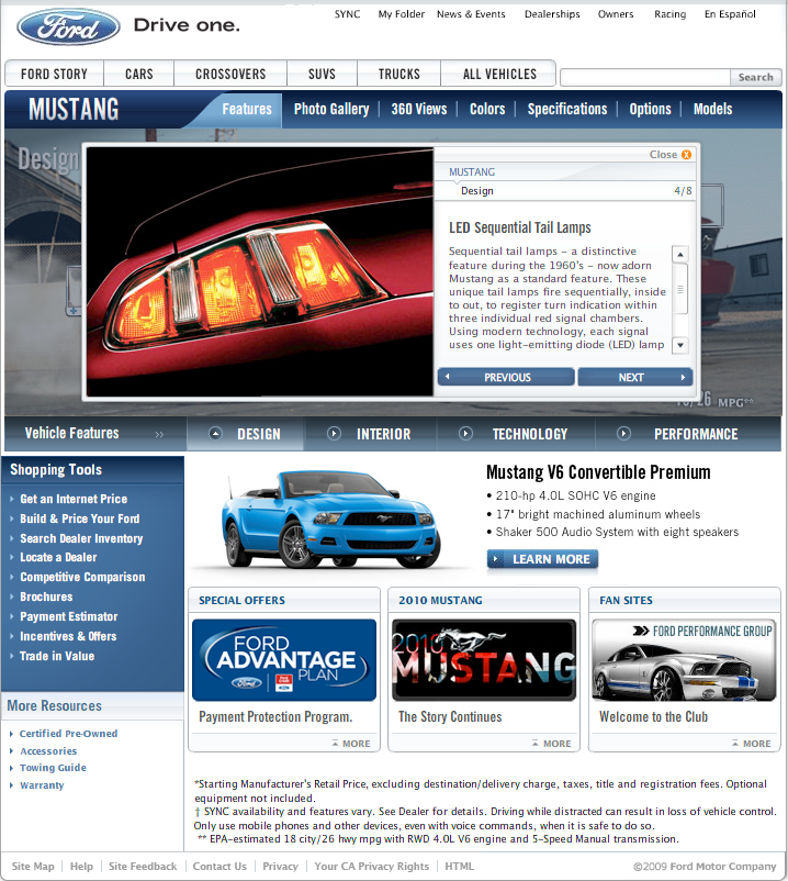 Ford Mustang automobile web site 2010 content web copy content strategy