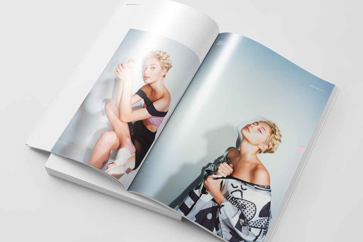 Layout design photo story behind Sun pastel Pastels pink yellow bikini model swatch colour magazine