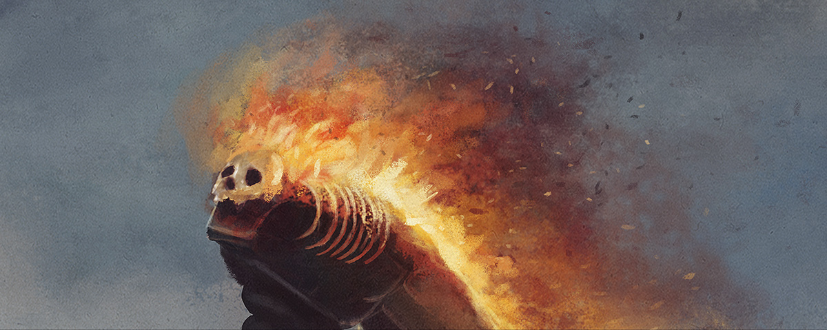 dark burning fire harp cover cover design poster artwork skull bones black desert stones dramatic wacom