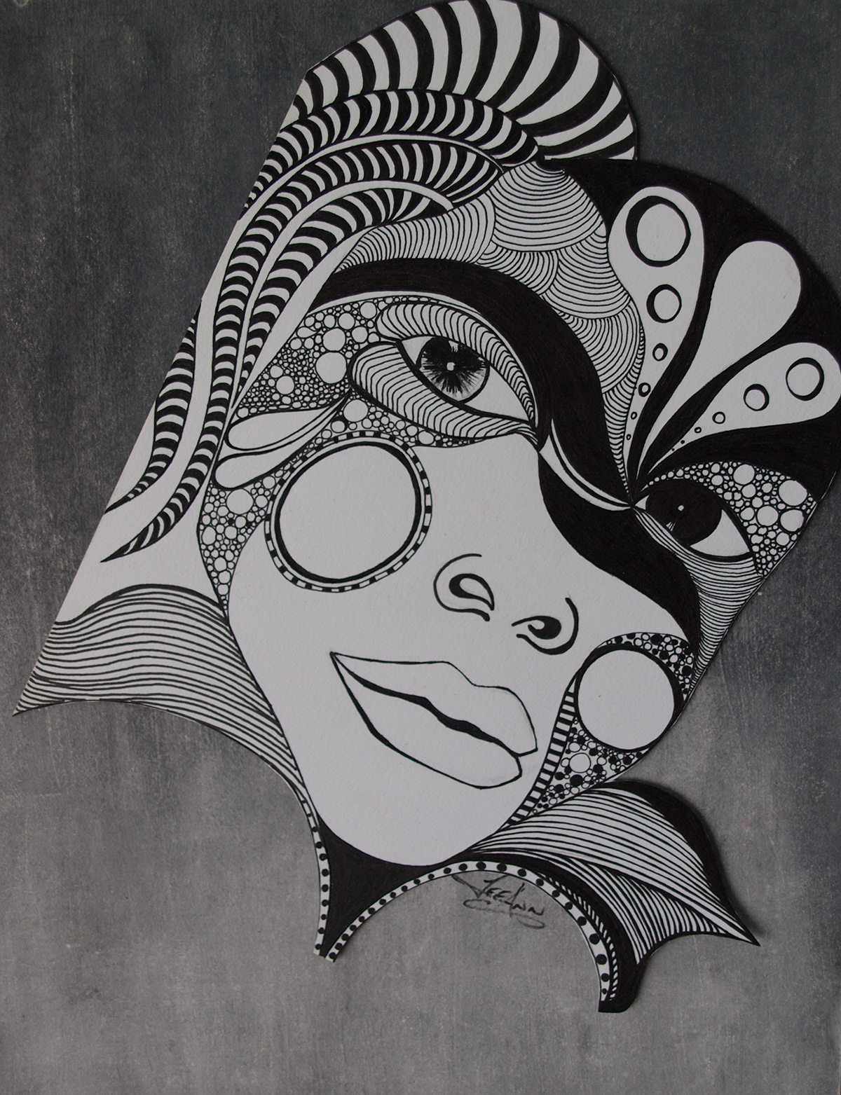 face  portrait clown jester black White leeannalexander zentangle doodle whimsey abstract