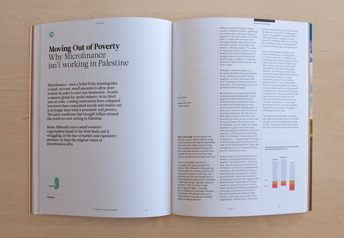 eidtorial magazine Outpost lebanon Beirut design infographics Graphs icons Charts Data money palestine mircofinance Arab