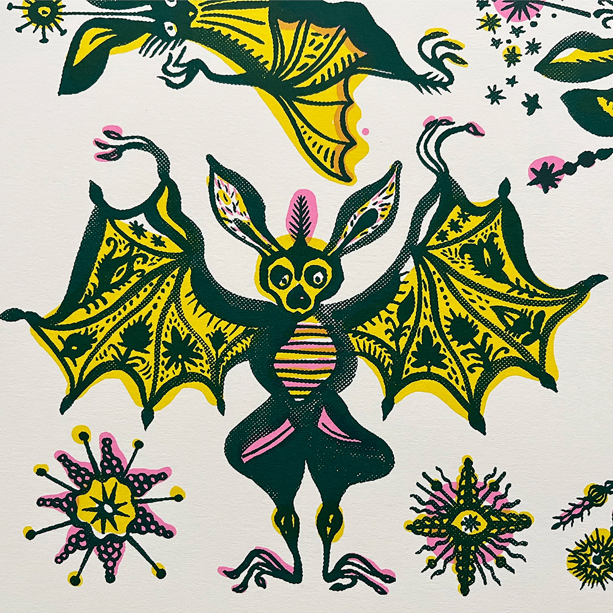 silkscreen print printmaking Bats Circus poster animal illustration Character design  pattern Magic  