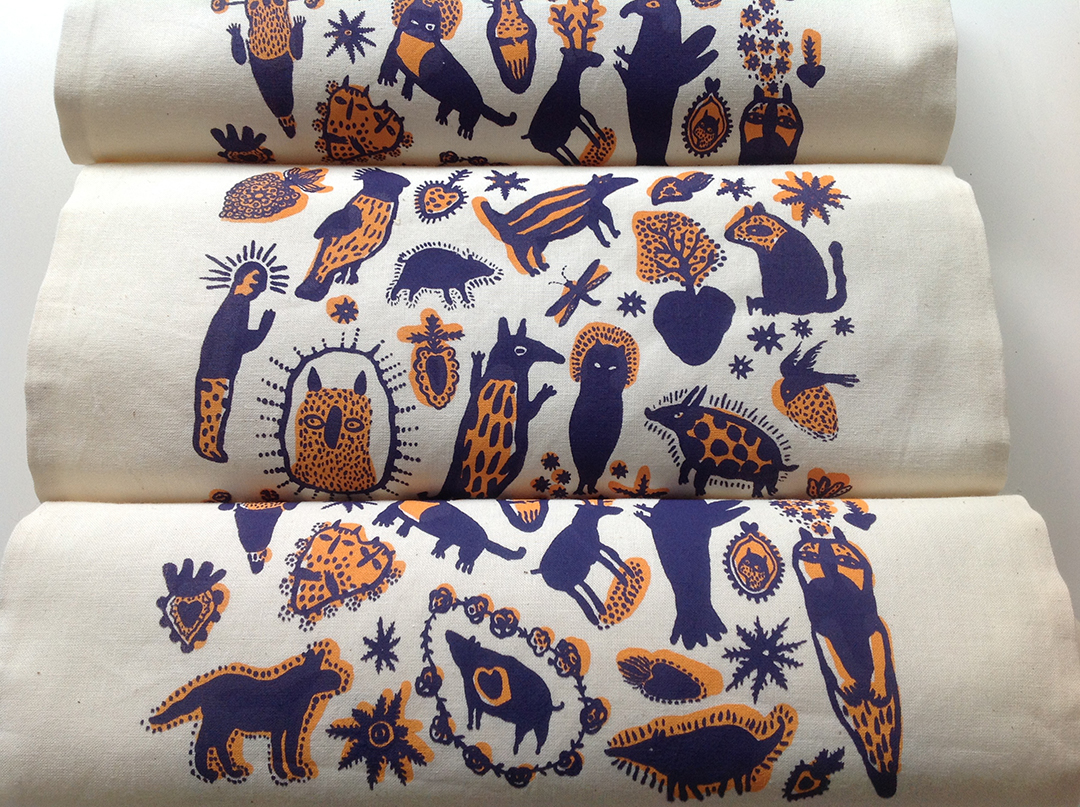 Tote Bag print silkscreen ex-vote purple orange animals craft printmaking mystery icons fairy tale