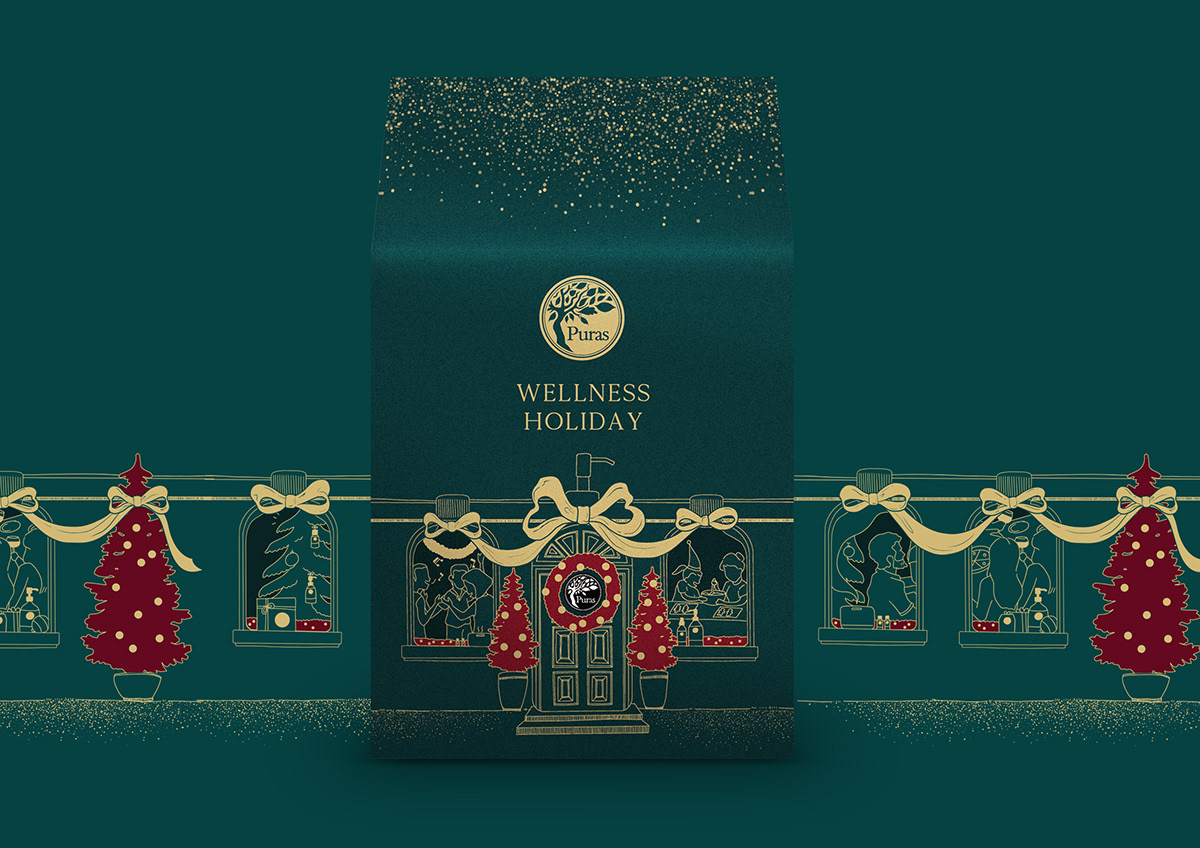 Illustration christmas packaging design for Puras wellness essential oil brand