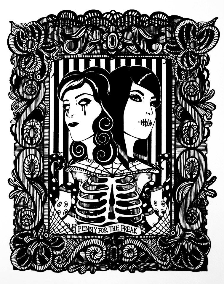 black and white ink pen freak freakshow Circus conjoined Twins palm reader gypsy tarot
