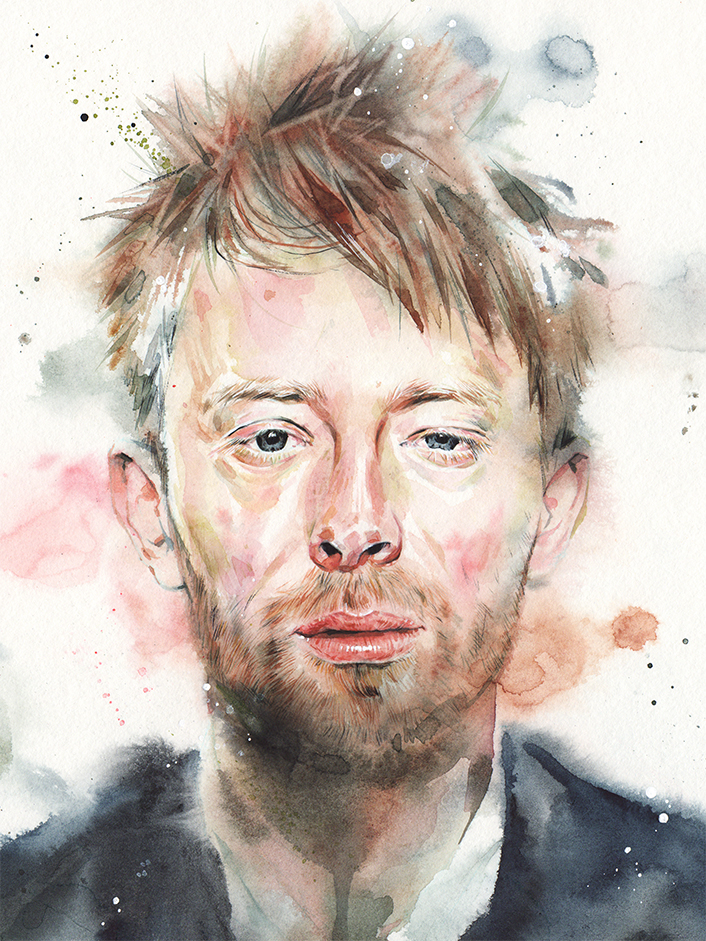 thom yorke Radiohead atomsforpeace watercolor portrait face commission editorial rock band Show colors Singer guitar