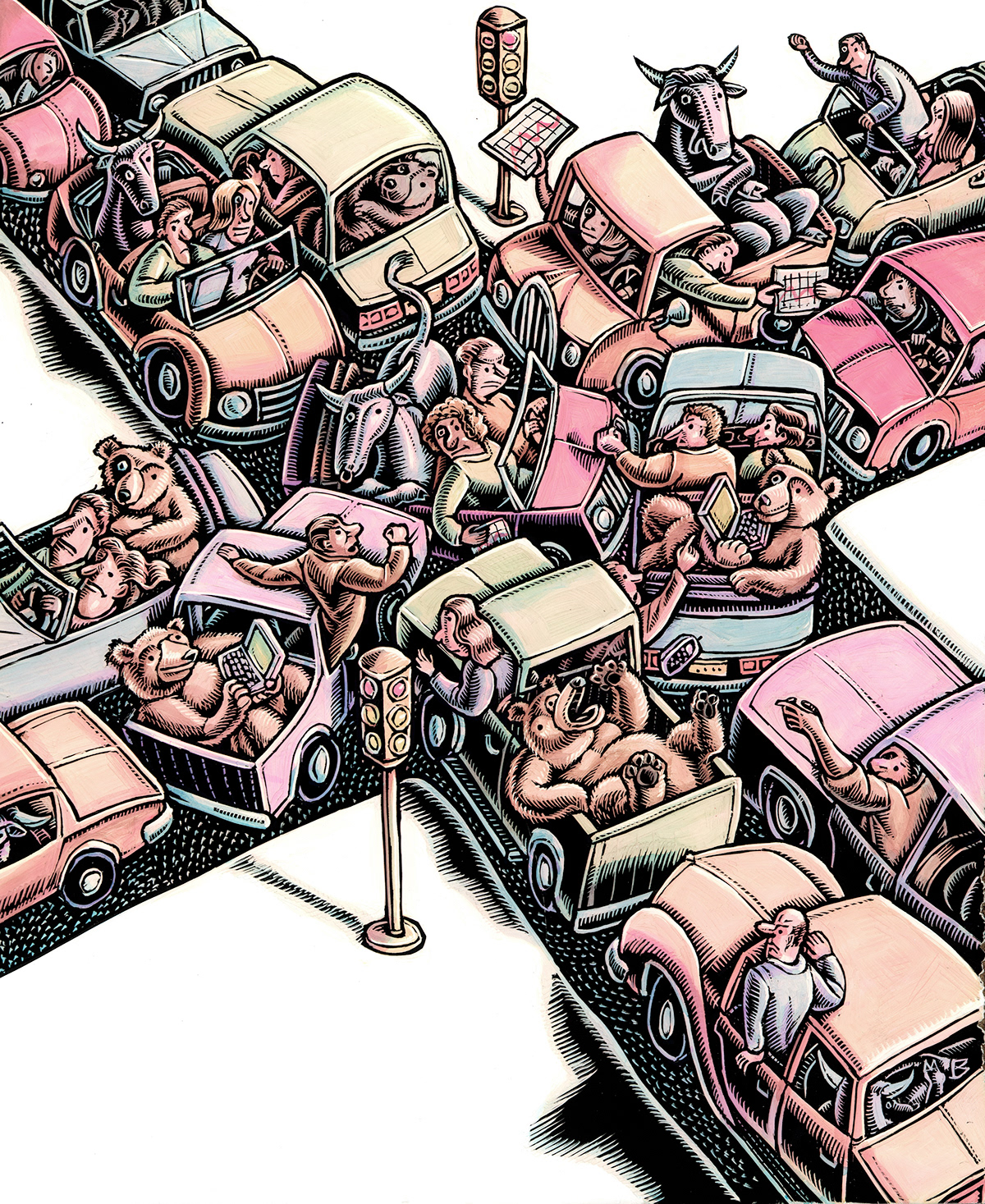 traffic jam of bulls and bears in cars with investors