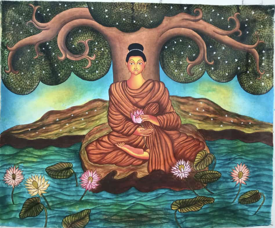 Mural of Gauthama Budha, great monk sitting under the tree peacefully with lotus in hand.