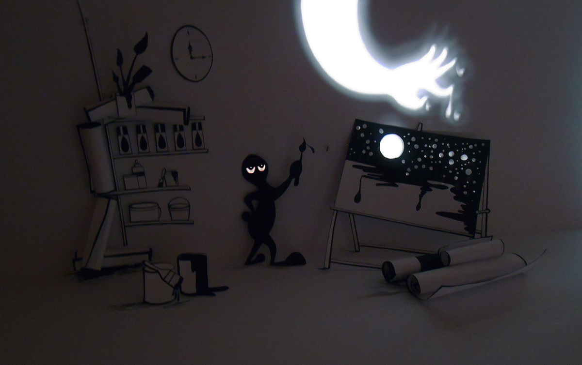 light shadow play an easel to paint a black and white sepia photograph of an evil character is angry funny happy emotions anger get 3d illustration paper art drawing pen black hand brush starry sky moon portrait kids memories