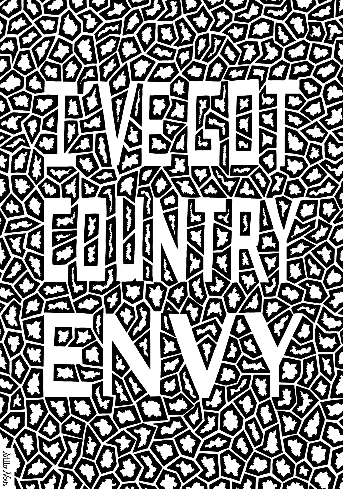 A hand-lettered black and white phrase surrounded by a geometric abstract pattern of dried earth