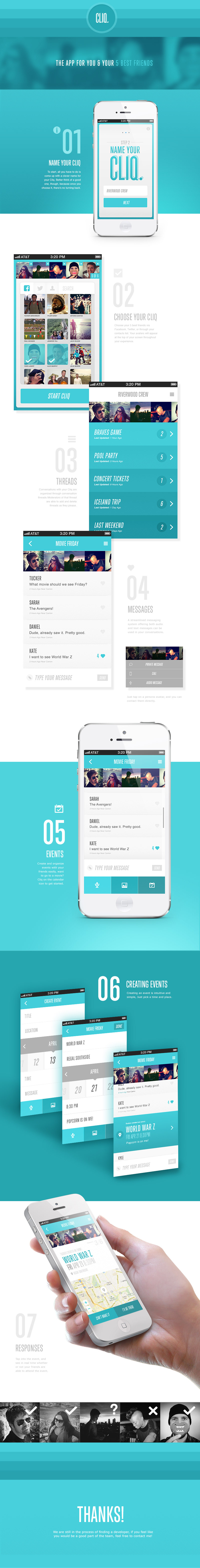 cliq Social Networking app iphone android five messaging Events best friends friends UI app design design