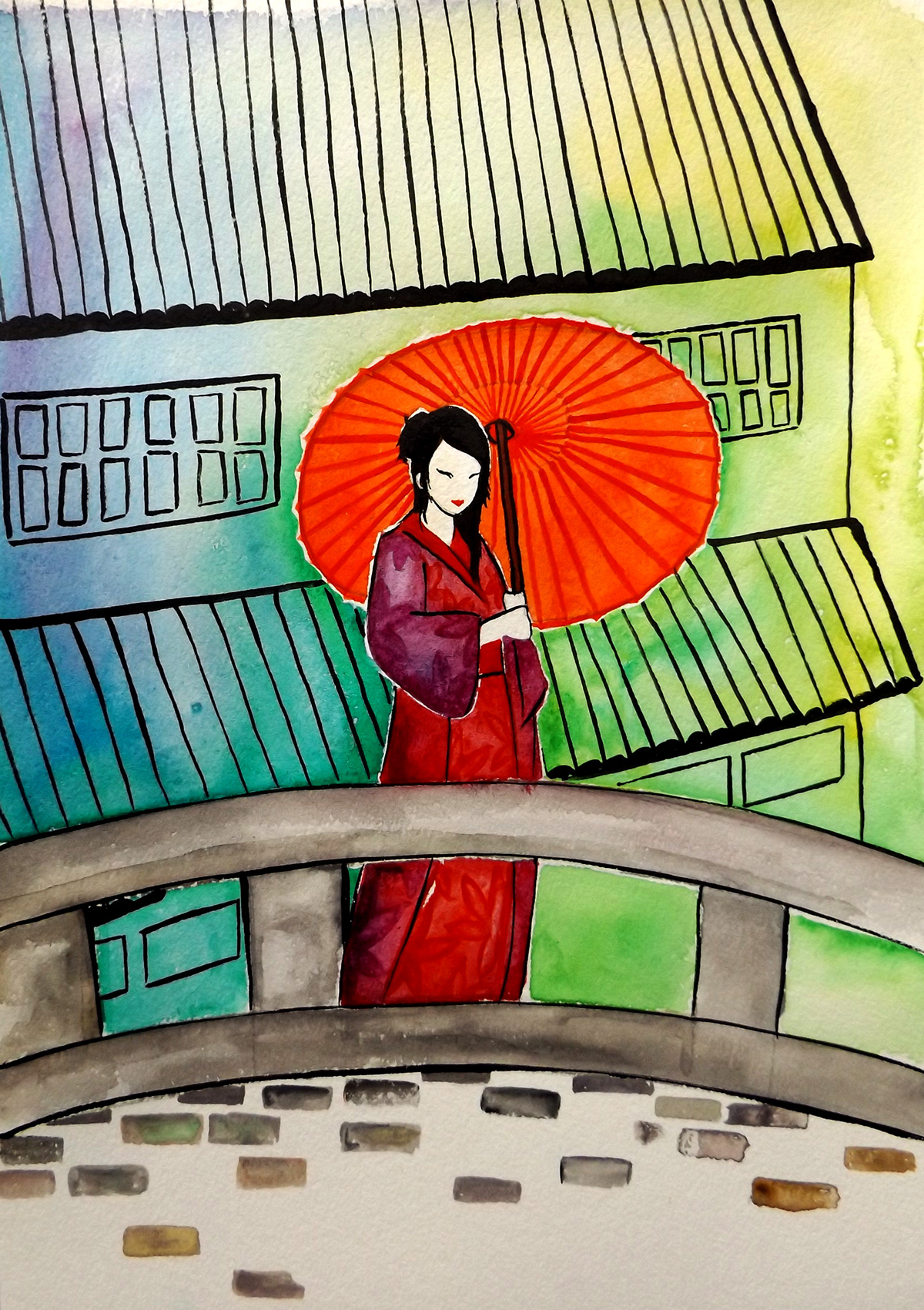 japan yukata girl parasol watercolor watercolour bridge pretty kurashiki Colourful 