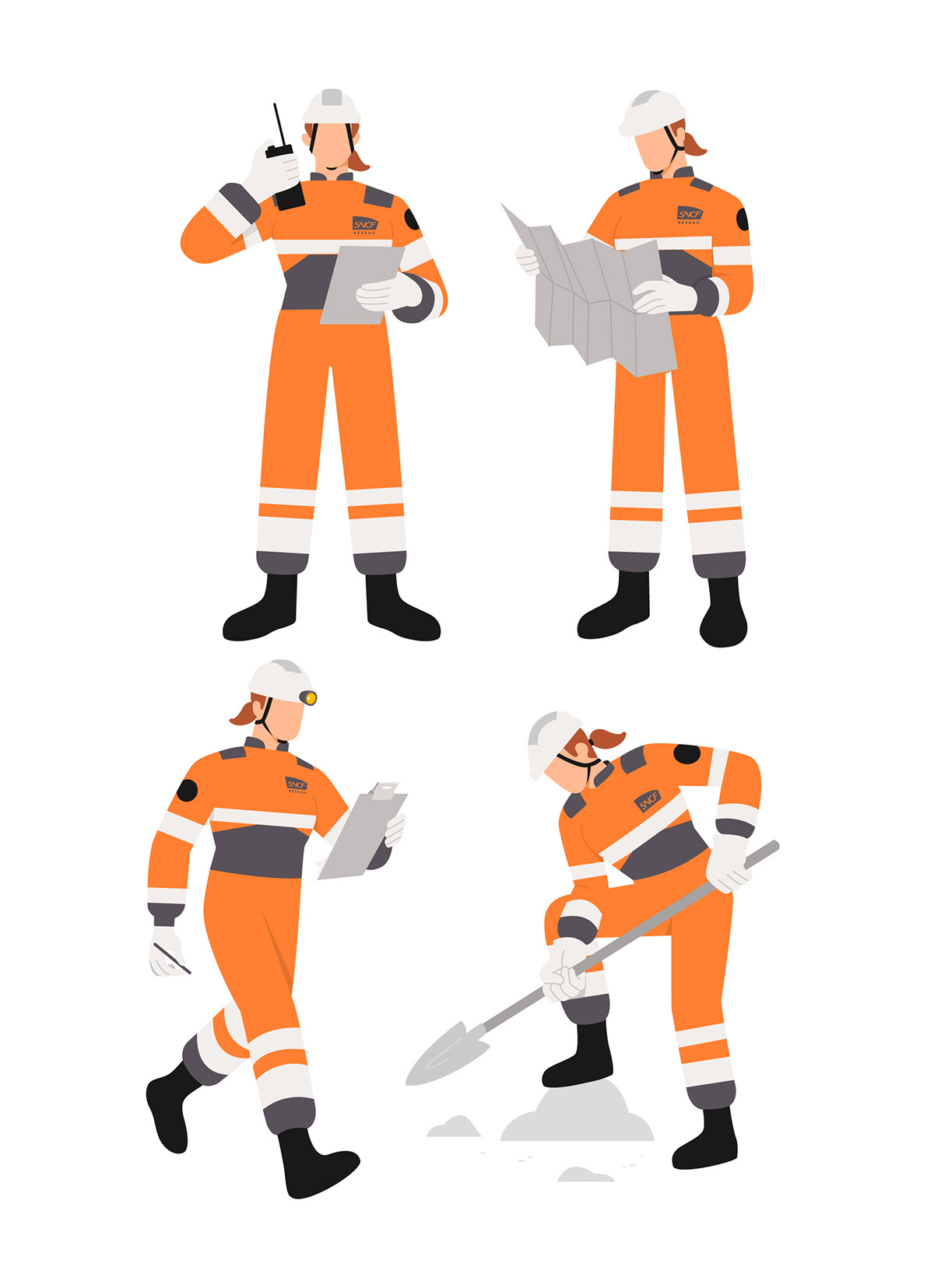 Poses of an employee character in Sncf Réseau workwear with a map, a shovel, a pen 