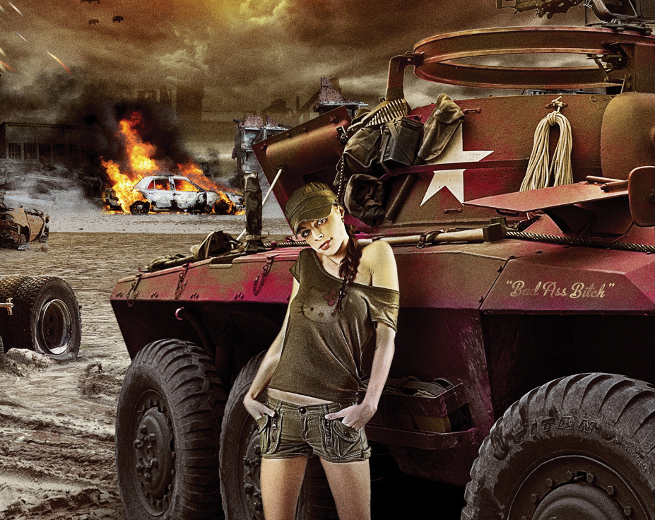 poster  war  photoshop  digital art  red  tank  army  girl  cars  explosive  action
