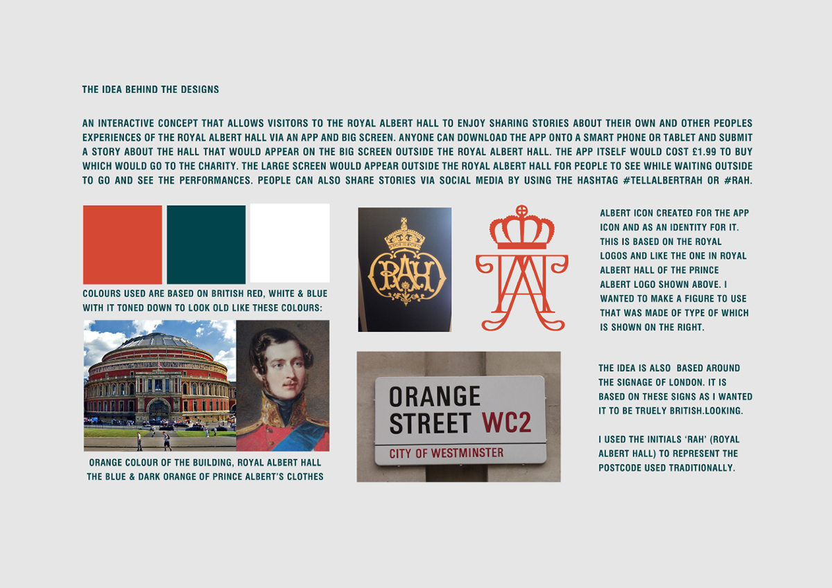 Royal Albert Hall rah tell albert YCN 2014 ycn brand London albert app Promotional share Stories typographic charity donate