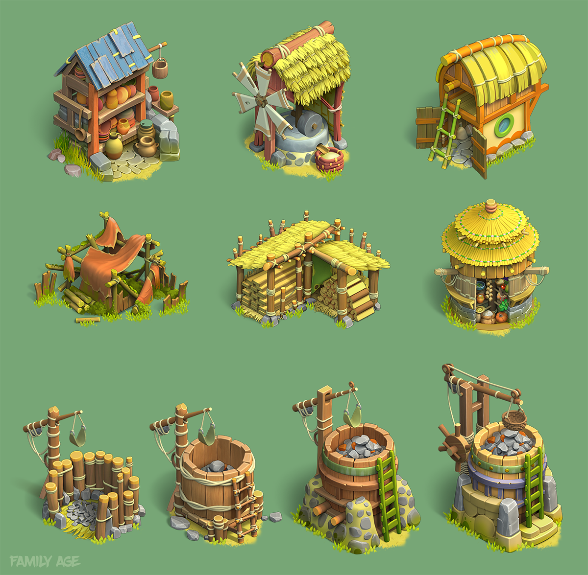 preistoric hut Workshop game mill granary furnace resources Totem