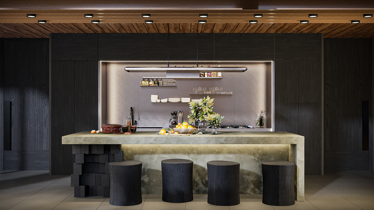 3ds max architecture corona interior design  kitchen living room poolside Render Villa visualization