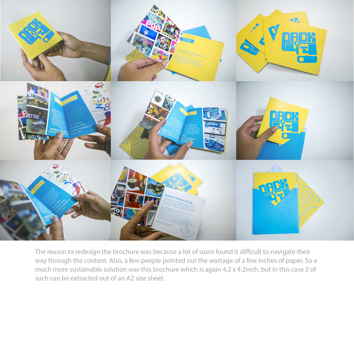 Pack-A-Panch Pack-A-Punch Exhibition  Bombay design house Elements of five five fifth anniversary design exhibition brochure Creative Brochure invitation cards Pop-Up Cards Branding collaterals yellow and blue experimental