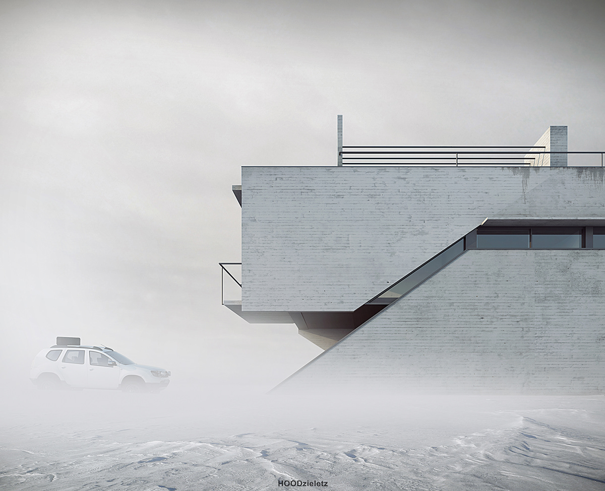 architecture Brutalism Vizualization winter concrete house V-ray adam spychała
