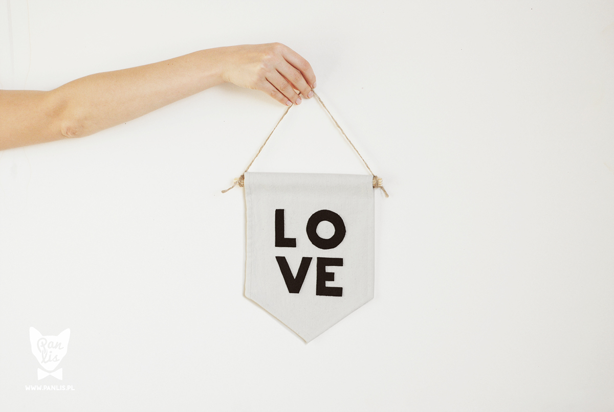 damn Love banner recycling hand made sewn black White canvas felt wood typo