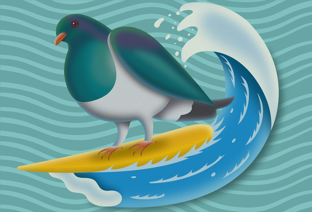 automotive   birds Character design  ILLUSTRATION  Illustrator kiwiana New Zealand print design  rock surfing