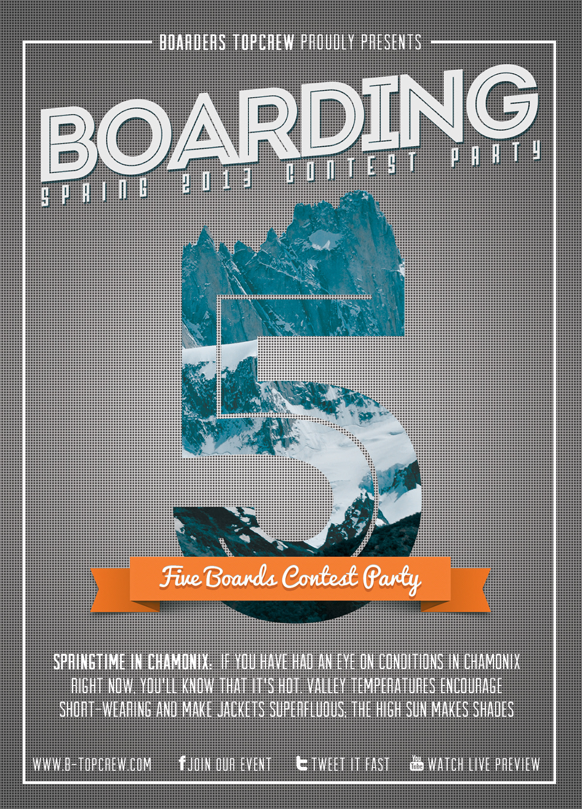 boarding skill contest snow mountain five party poster flyer Invitation scan location
