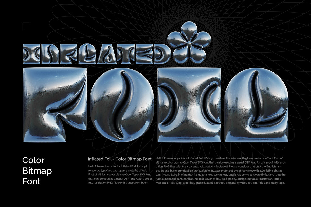 3D chrome effect font Inflated lettering metallic Render text Typeface