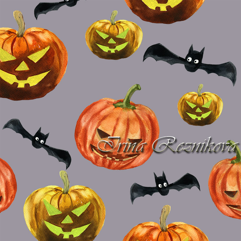 watercolor Halloween pumpkin Holiday Scary night horror saints orange