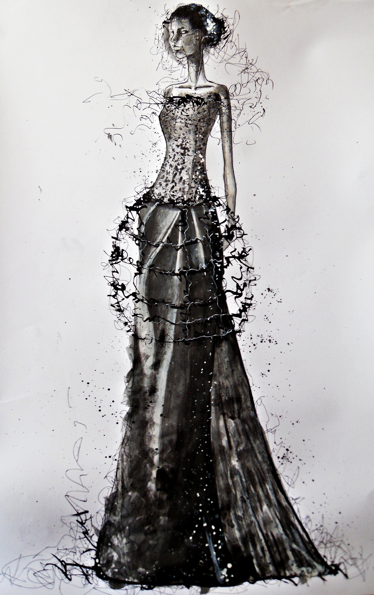 fashion illustration black and white ink art traditional illustrations